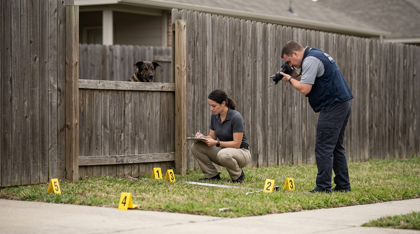 Dog behind fence at residential property with accident investigators and evidence markers documenting incident scene.