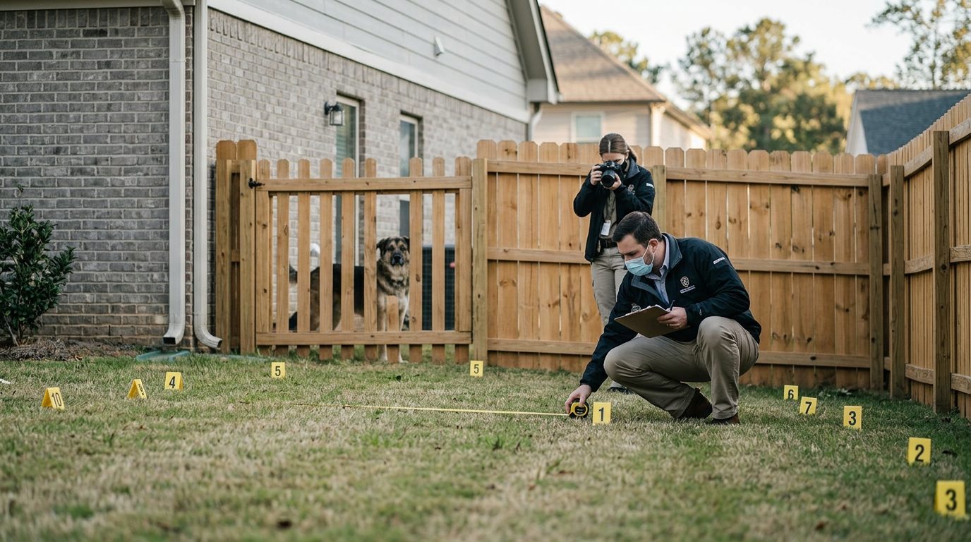 Dog behind fence at residential property with accident investigators and evidence markers documenting a bite incident.