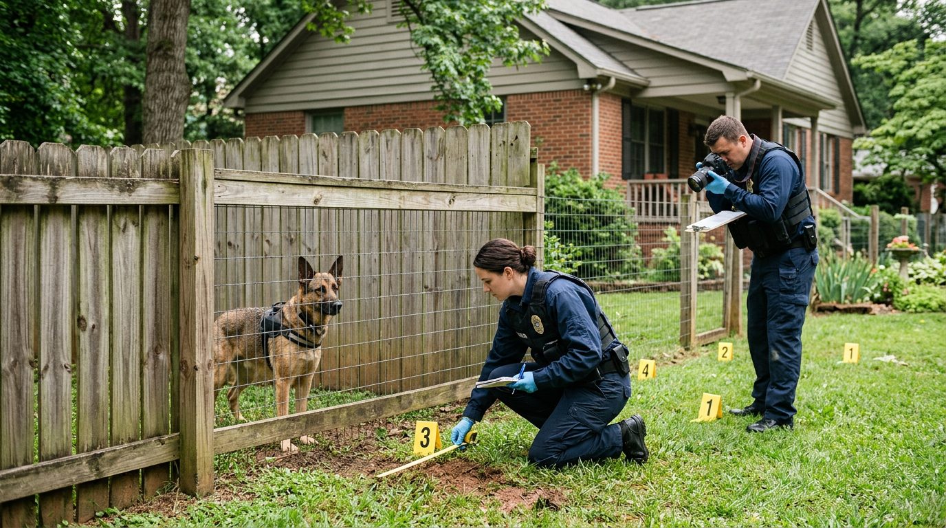 Dog behind fence at residential property with accident investigators and evidence markers documenting incident scene.