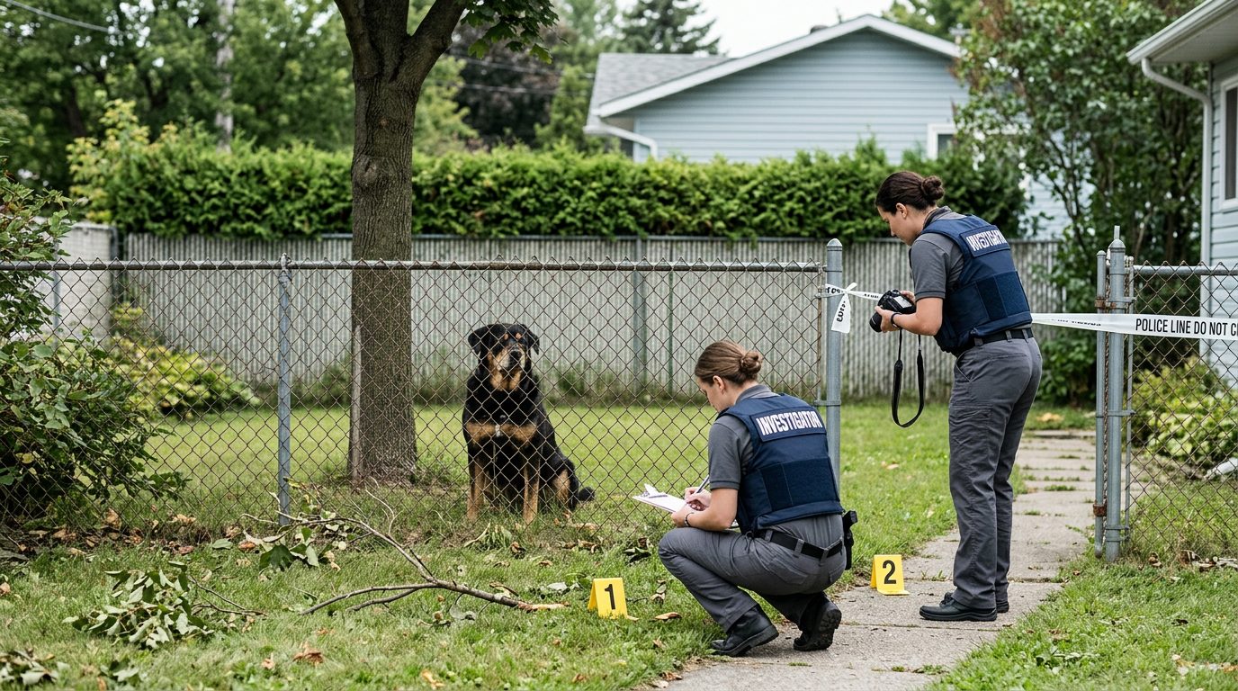 Dog behind fence at residential property with evidence markers and investigators documenting incident scene.