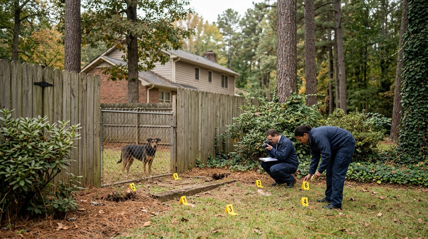 Dog behind fence with accident investigators and evidence markers in residential yard.