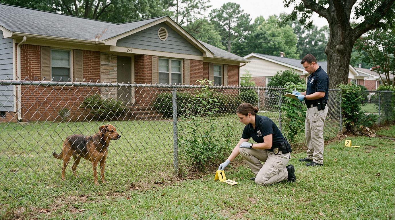 Dog behind residential fence with accident investigators and evidence markers documenting a bite incident scene.