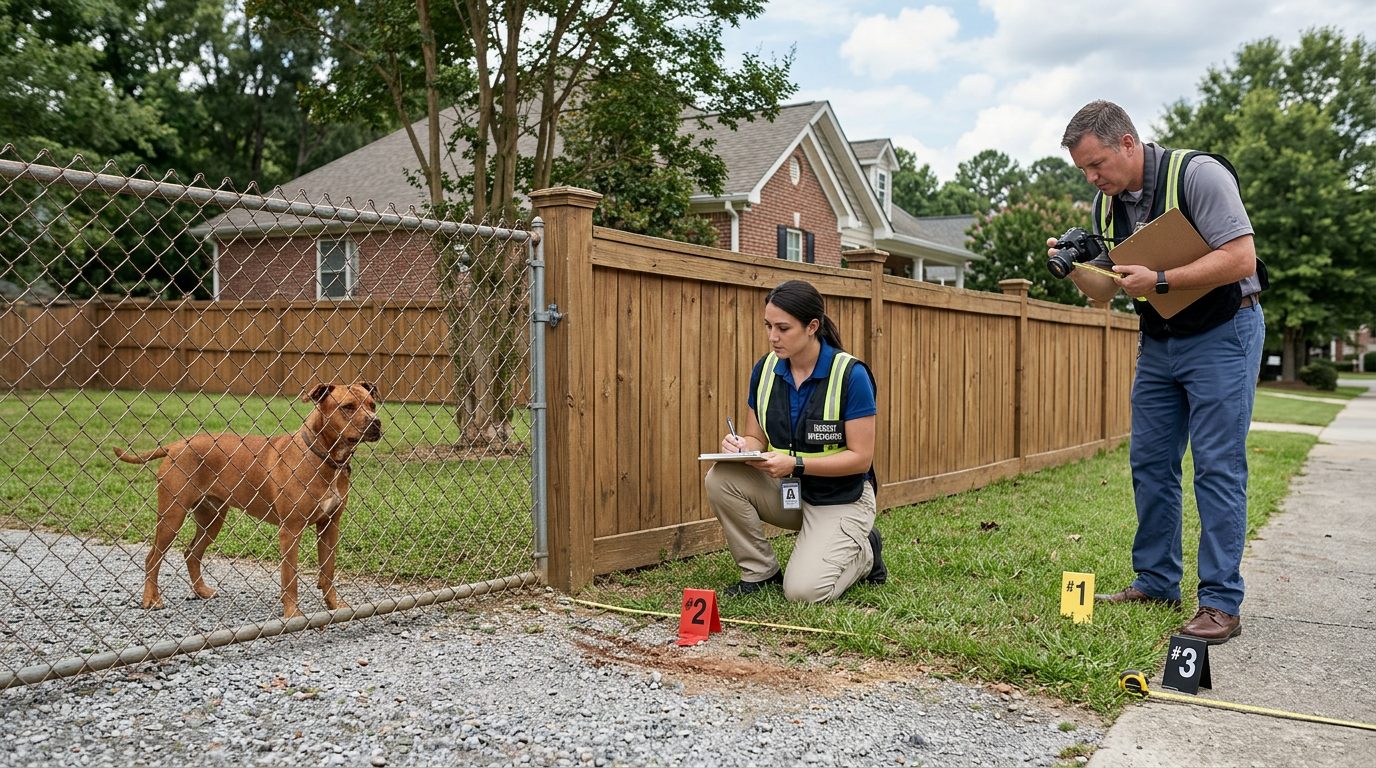 Dog behind residential fence with accident investigators and evidence markers documenting a bite incident scene.