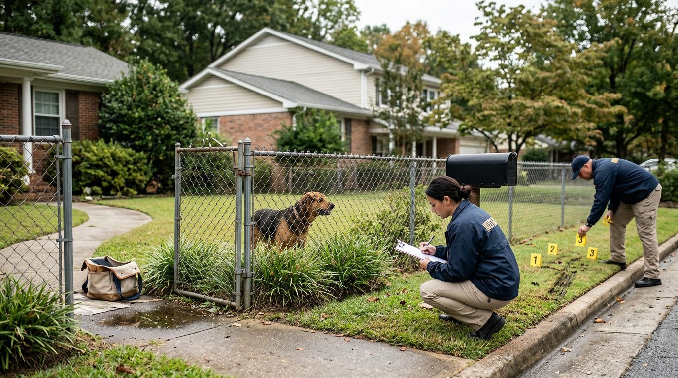 Dog bite incident scene at residential property with evidence markers and investigators documenting the yard.