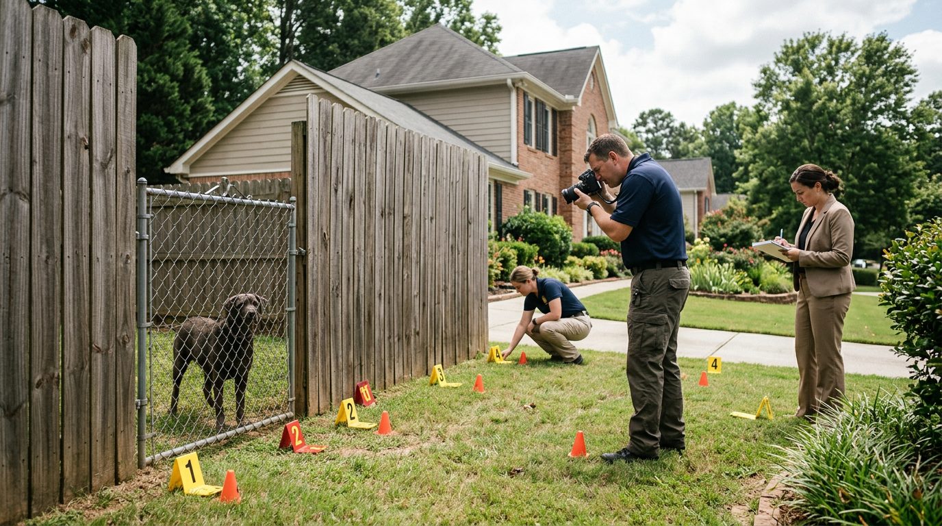 Dog bite incident scene with evidence markers and investigators at residential property.