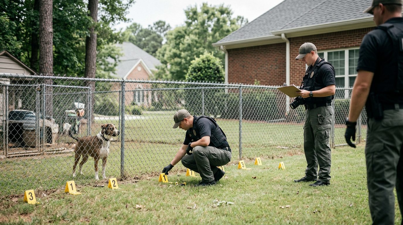 Dog bite incident scene with evidence markers in residential yard behind fence.