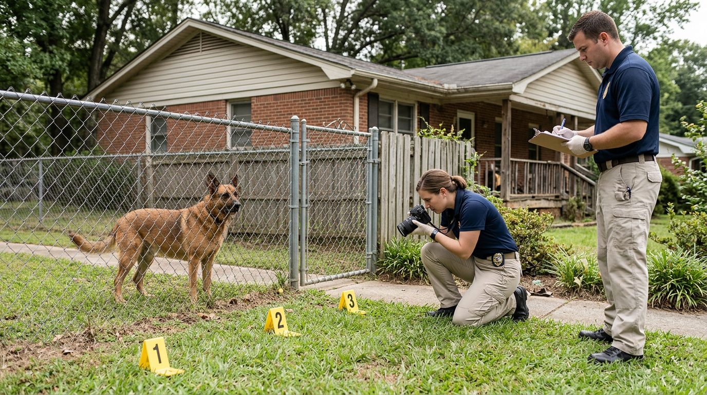 Dog bite incident scene with investigators and evidence markers in residential yard.