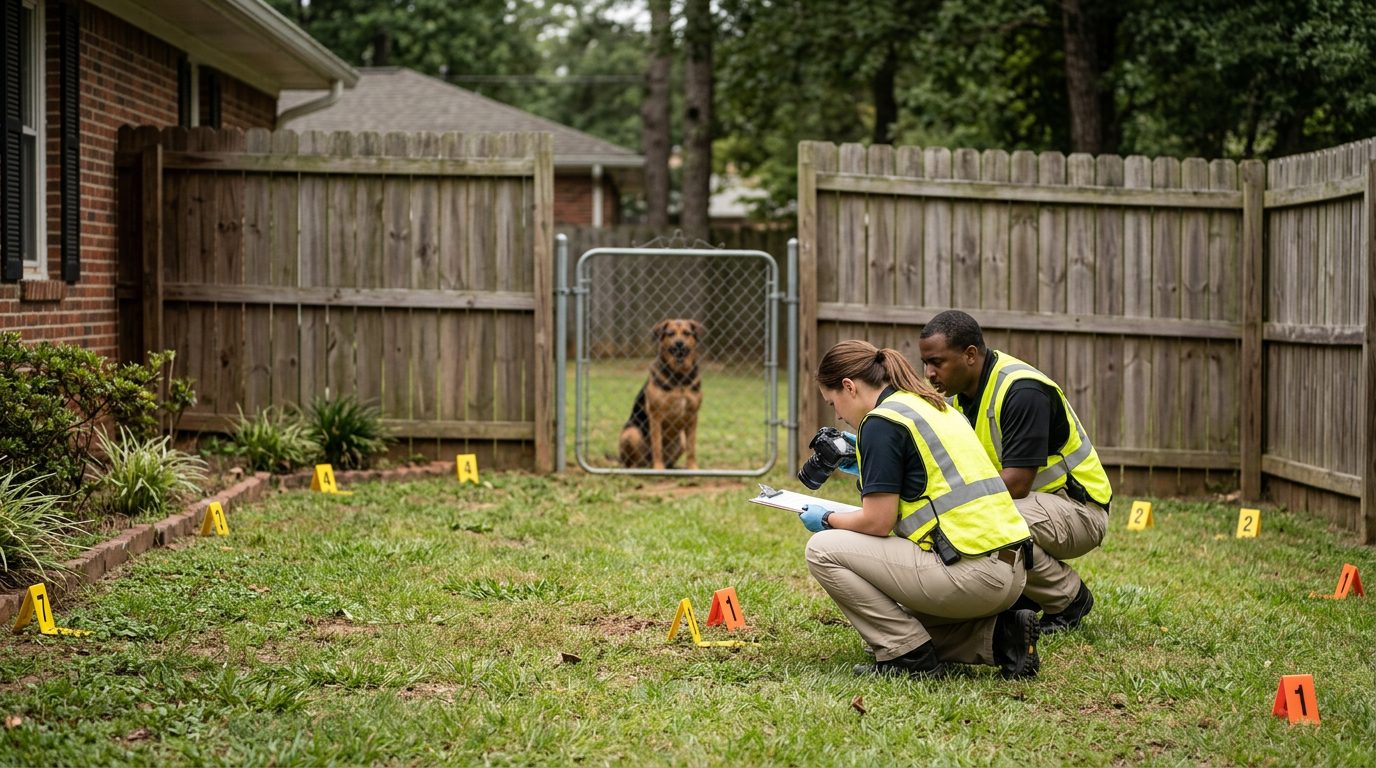 Dog bite incident scene with investigators and evidence markers in residential yard.