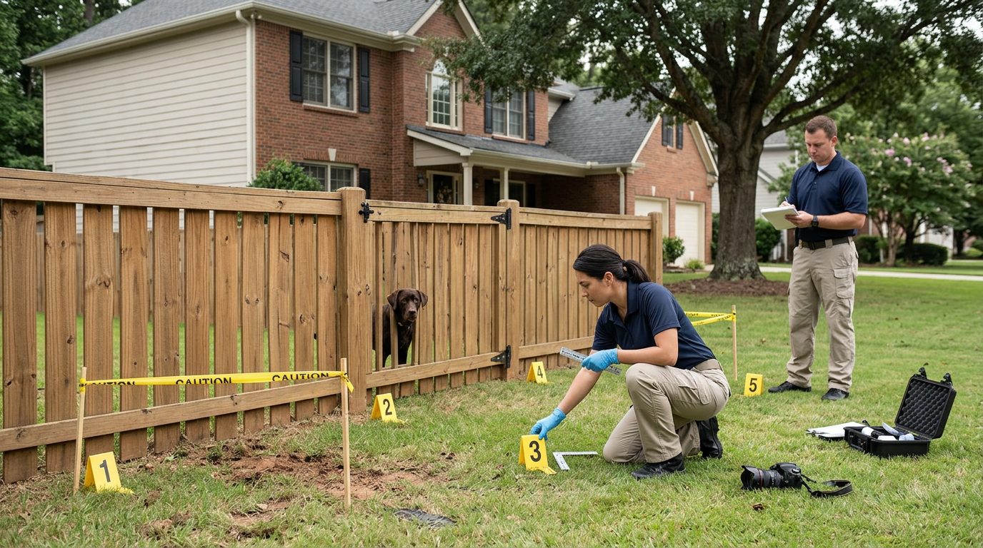 Dog bite incident scene with investigators documenting evidence markers around residential yard fence.
