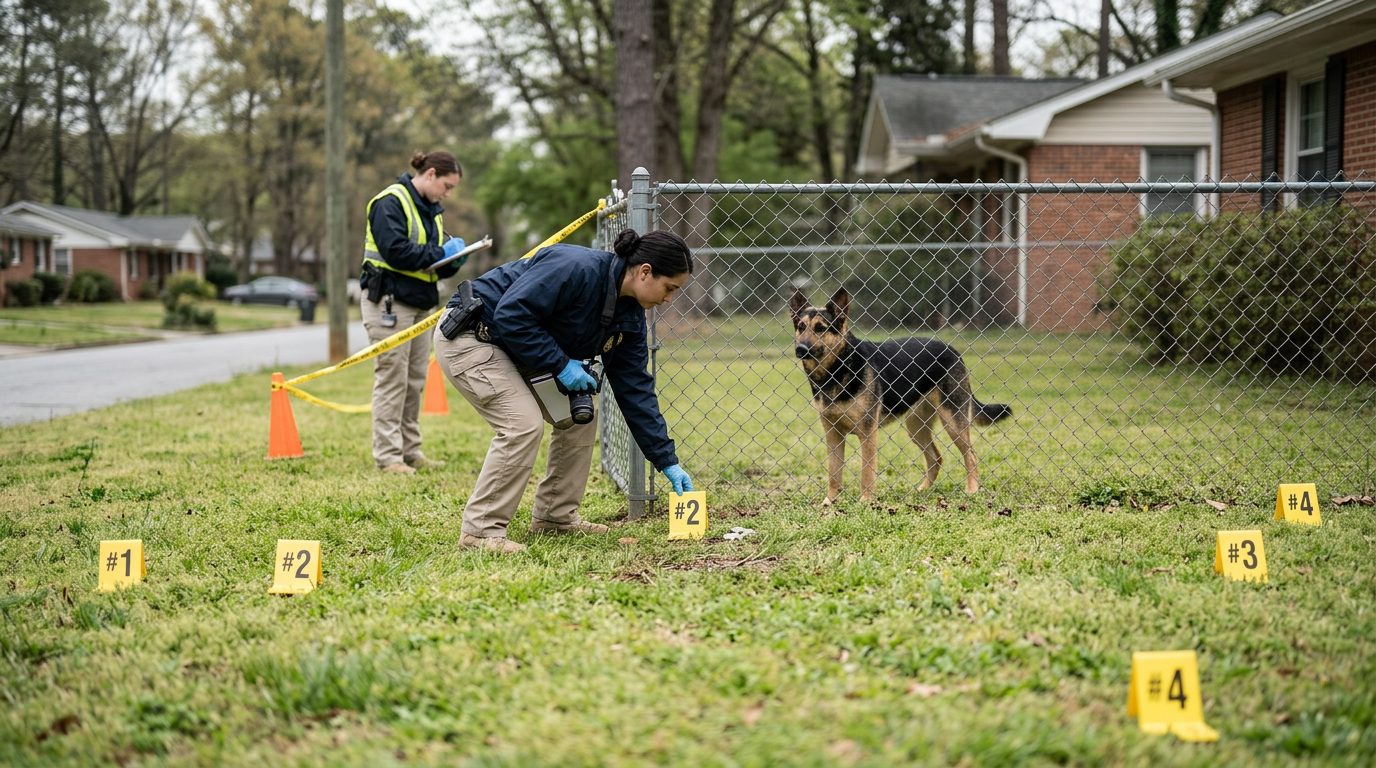 Dog bite incident scene with investigators documenting evidence in residential yard.