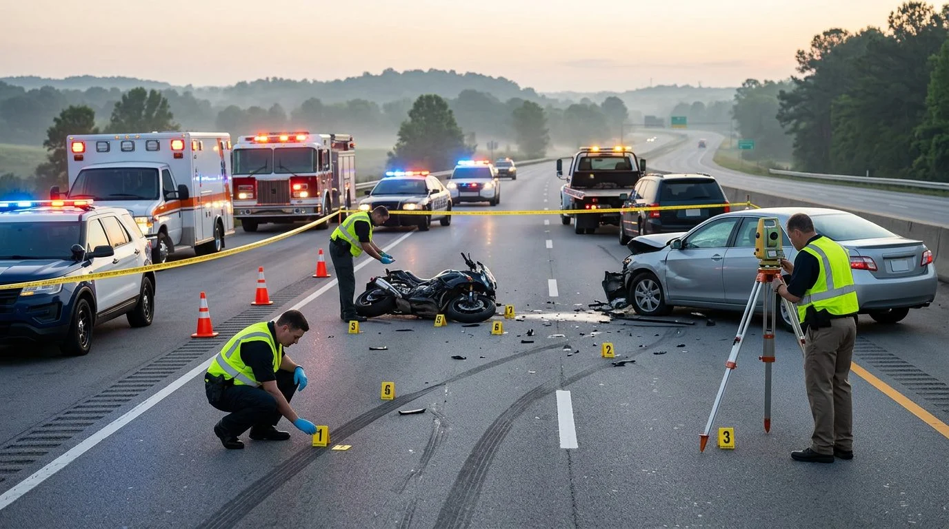 Emergency vehicles and accident reconstruction specialists at a fatal multi-vehicle collision scene on highway at dawn.