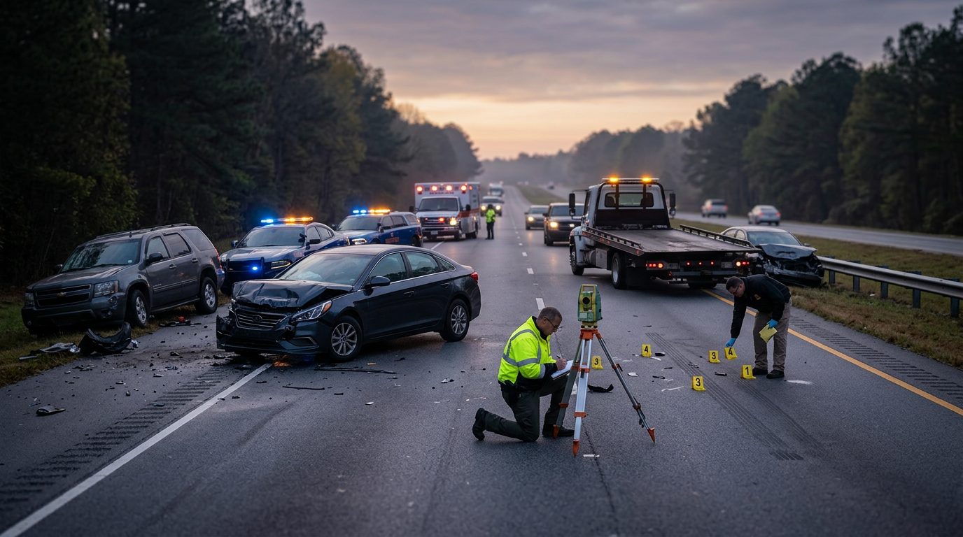 Emergency vehicles and accident reconstruction specialists at a multi-vehicle collision scene.