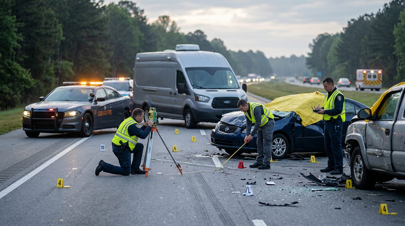 Emergency vehicles and accident reconstruction specialists at a fatal multi-vehicle collision scene on a highway at dawn.