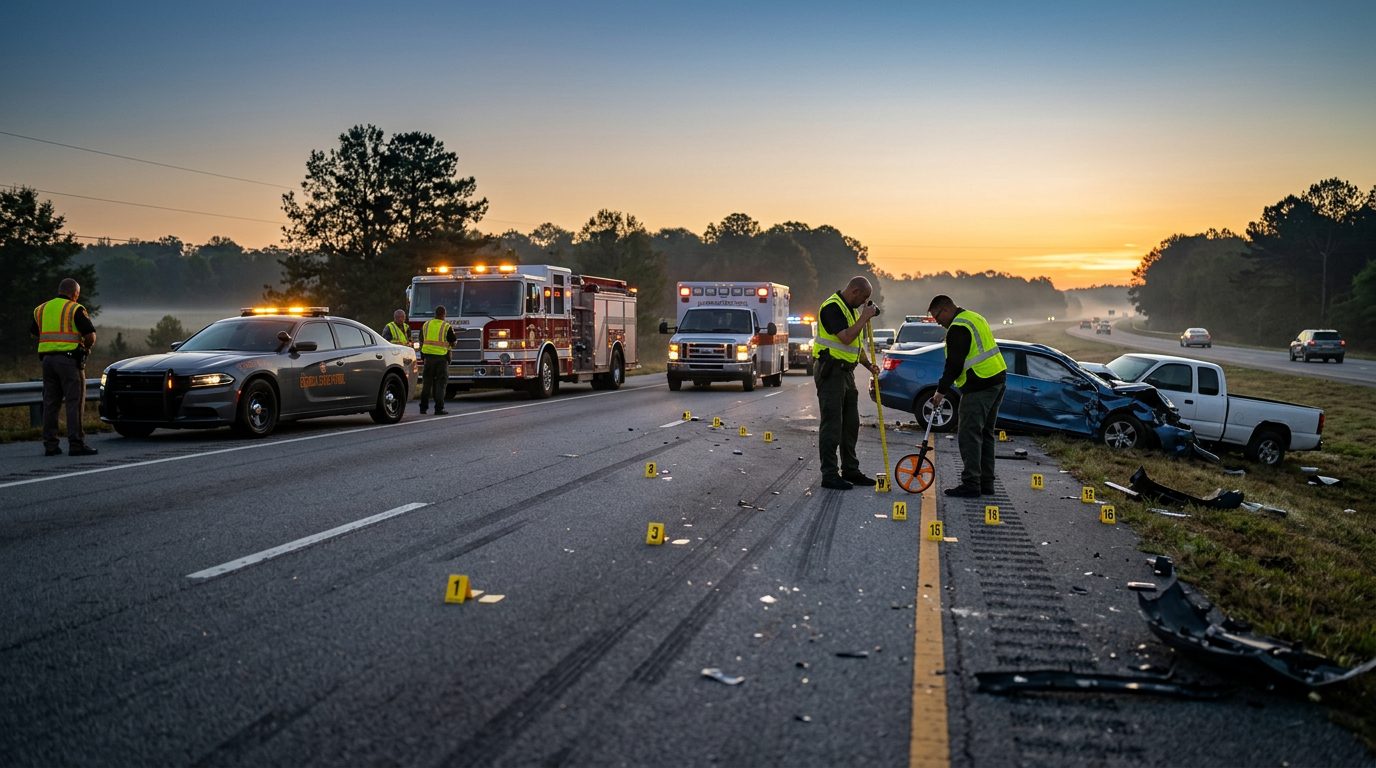 Emergency vehicles and accident reconstruction specialists at a fatal multi-vehicle collision scene on a highway.