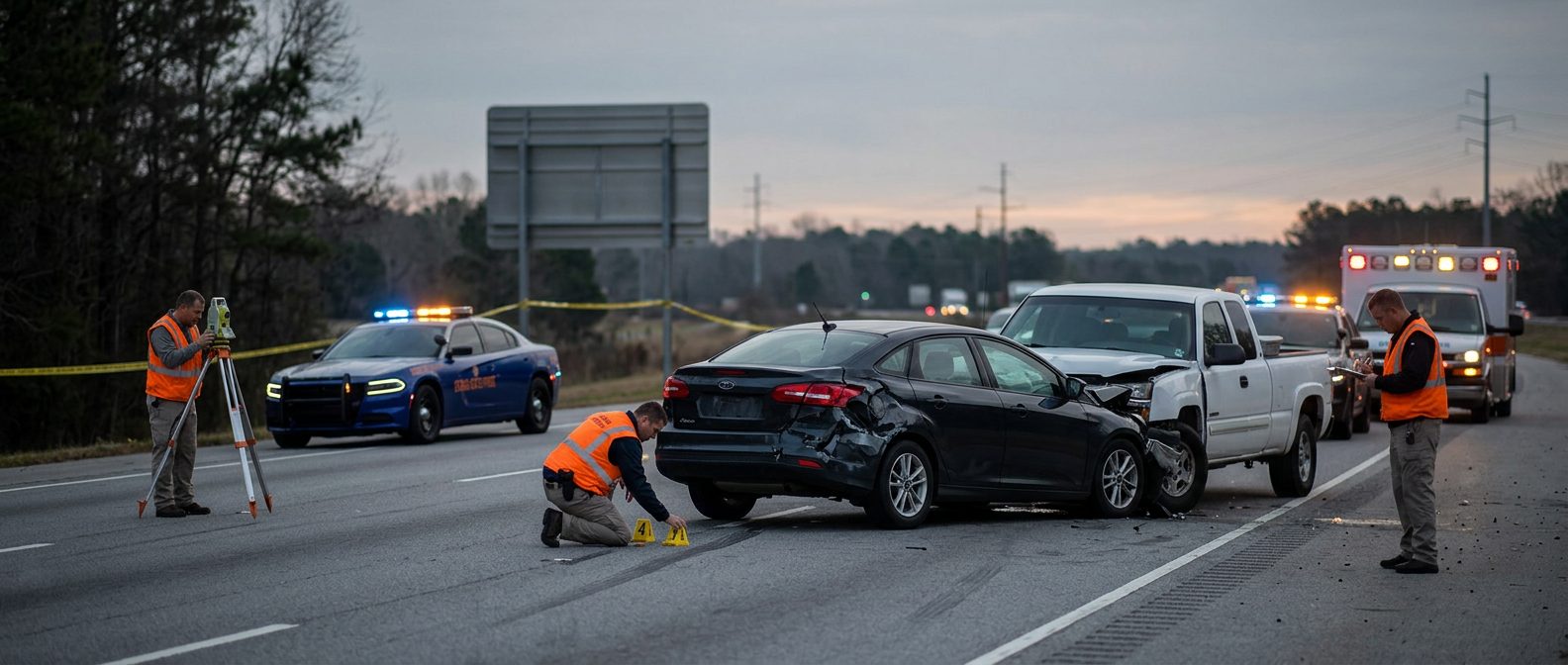 Emergency vehicles and accident reconstruction specialists at a multi-vehicle collision scene with evidence markers.
