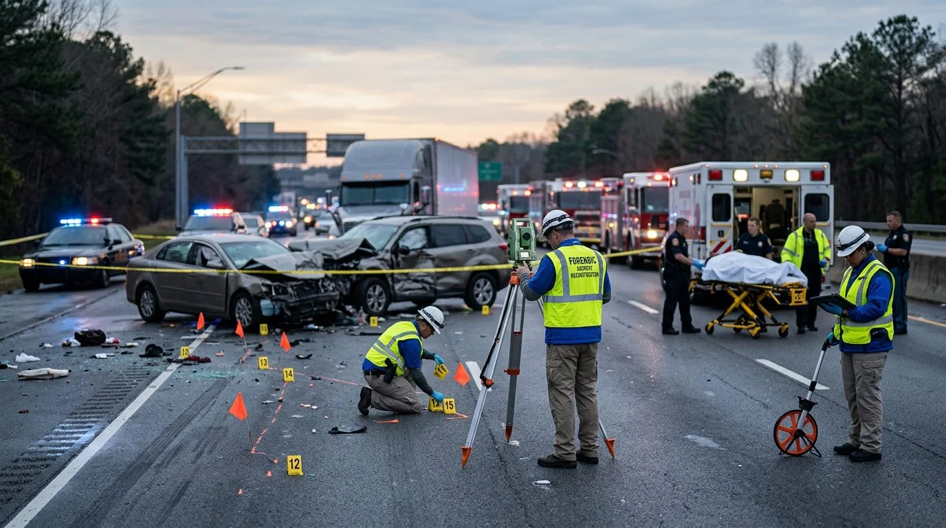 Emergency vehicles and accident reconstruction specialists at a multi-vehicle collision scene on a highway.