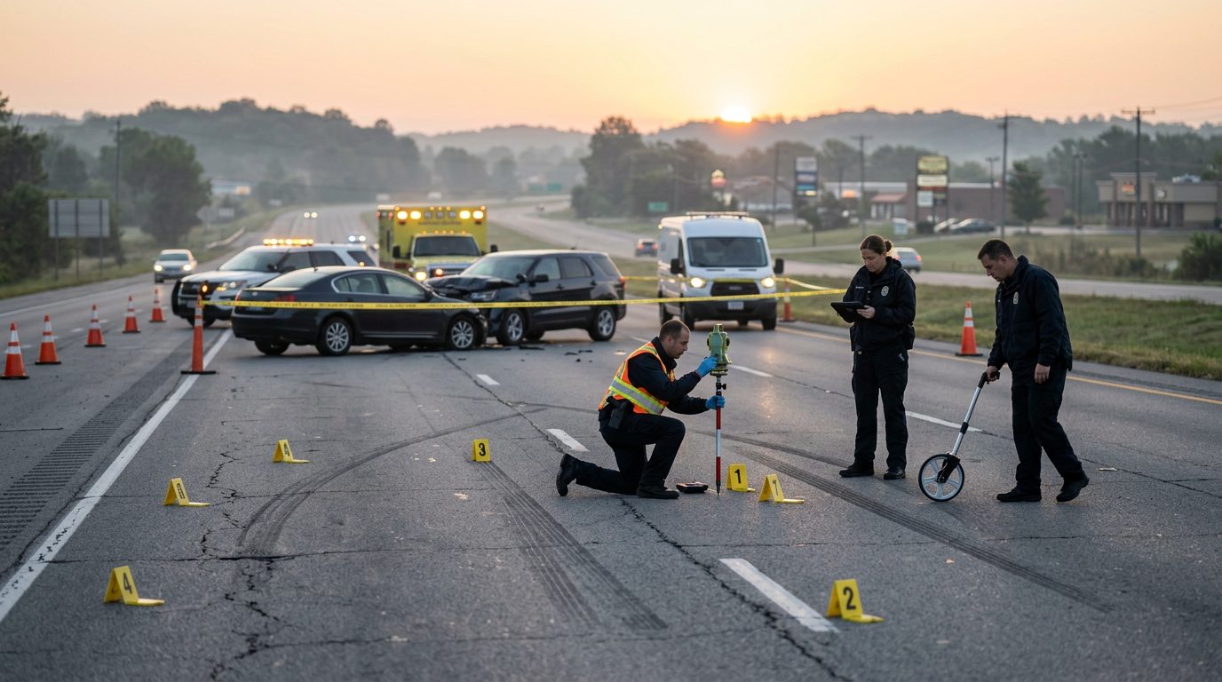 Emergency vehicles and accident reconstruction specialists at a multi-vehicle collision scene.