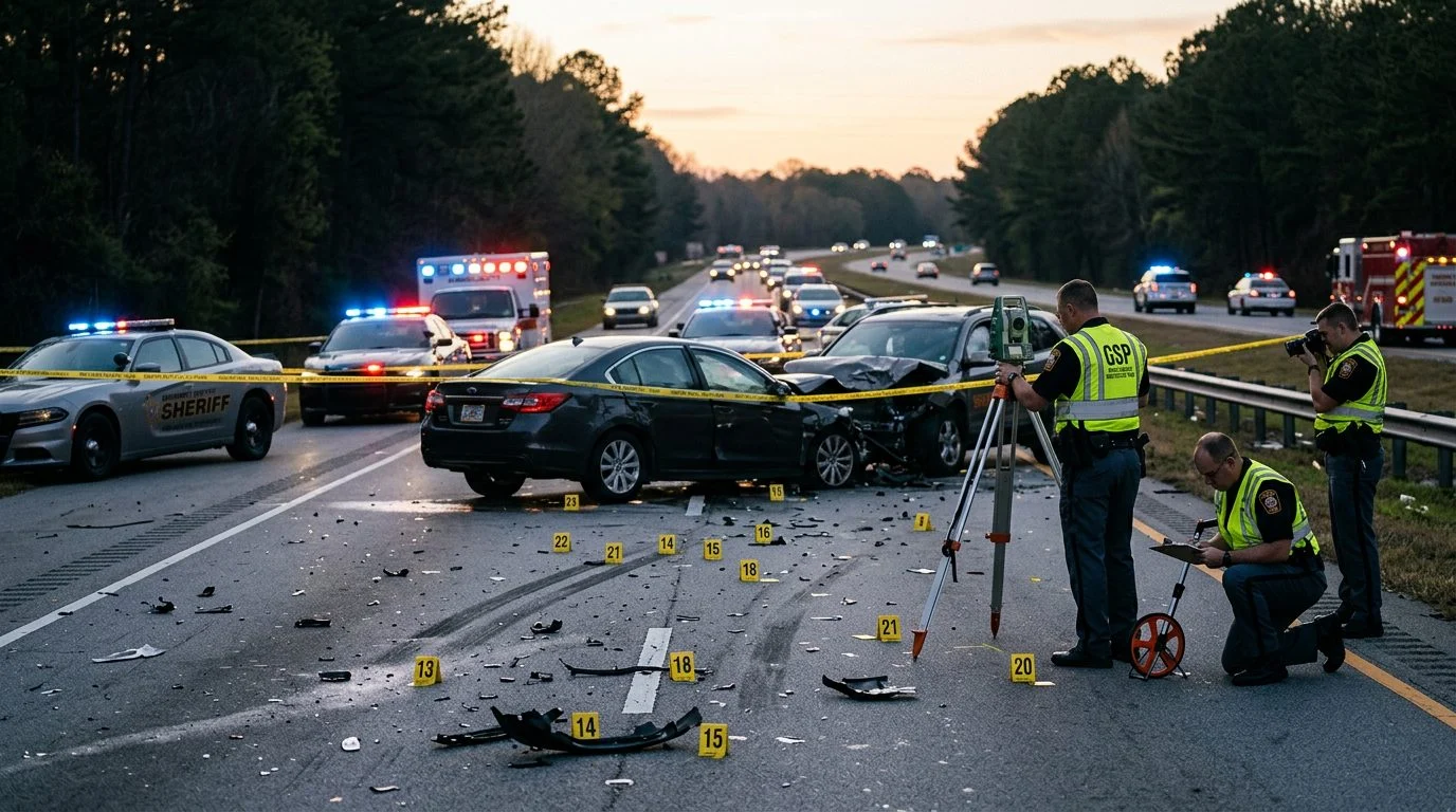 Emergency vehicles and accident reconstruction specialists at a multi-vehicle collision scene on a highway at dawn.
