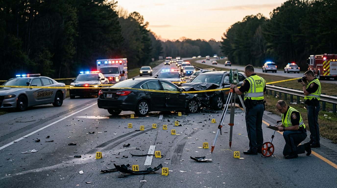 Emergency vehicles and accident reconstruction specialists at a multi-vehicle collision scene on a highway at dawn.
