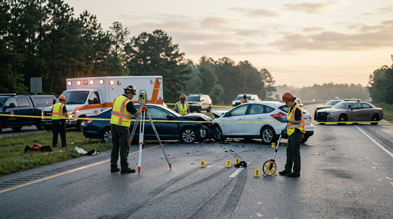Emergency vehicles and accident reconstruction specialists document a fatal multi-vehicle collision on a highway at dawn.