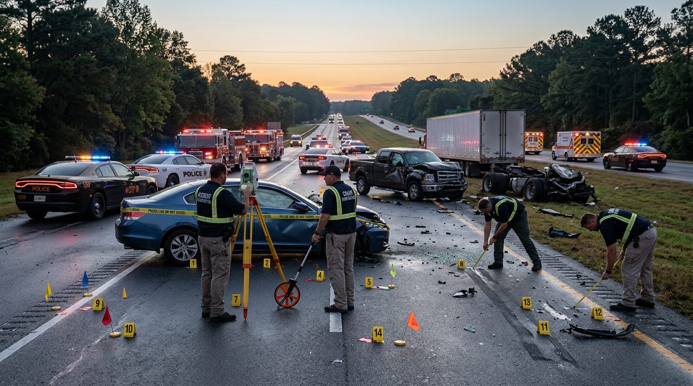 Emergency vehicles and accident reconstruction specialists documenting a fatal multi-vehicle collision on a highway at dawn.