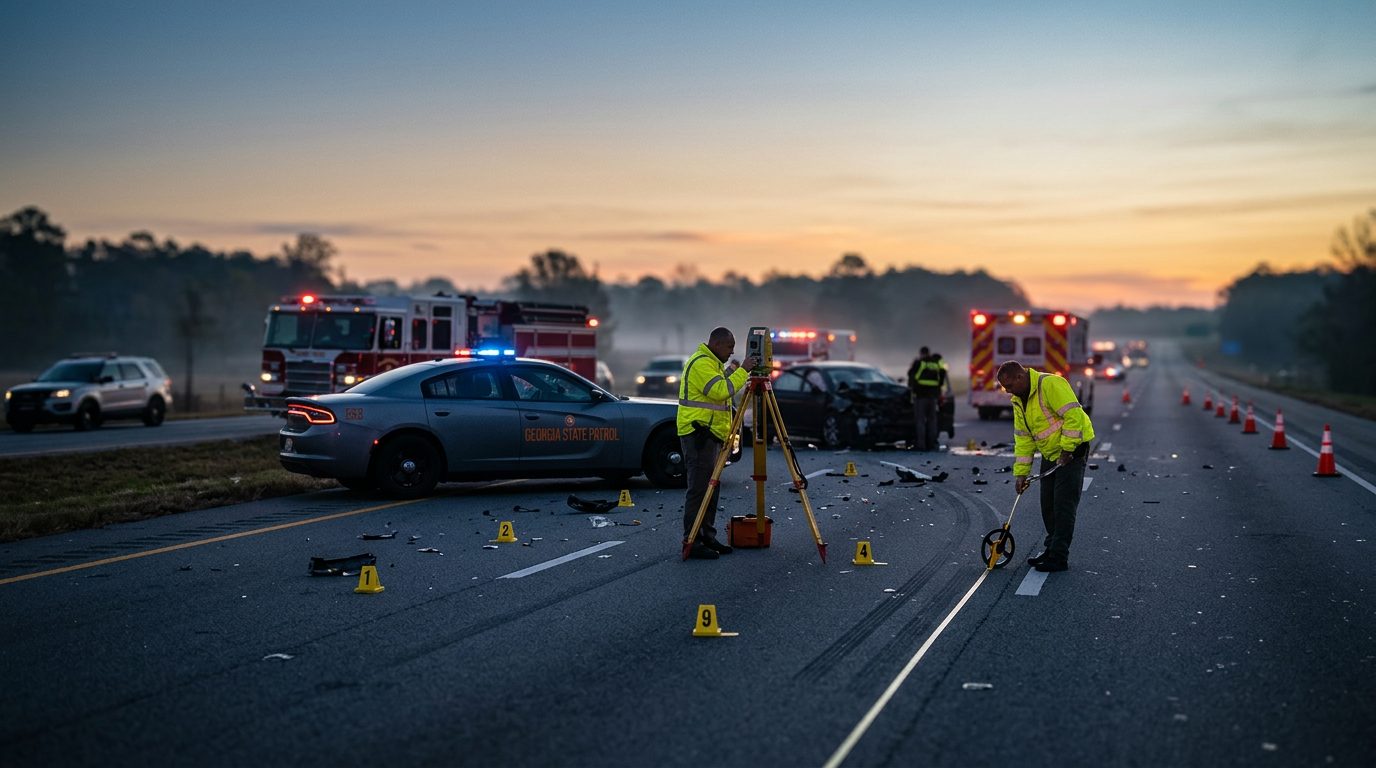Emergency vehicles and accident reconstruction specialists documenting a fatal multi-vehicle collision on a highway at dawn.