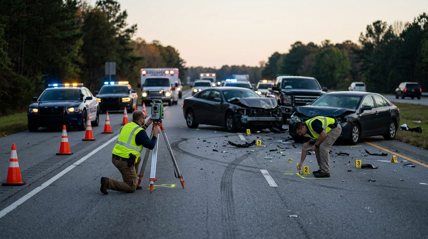 Emergency vehicles and accident reconstruction specialists document a fatal multi-vehicle collision on a highway at dawn.