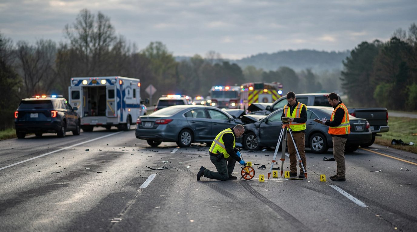 Emergency vehicles and accident reconstruction specialists investigating a fatal multi-vehicle highway collision at dawn.
