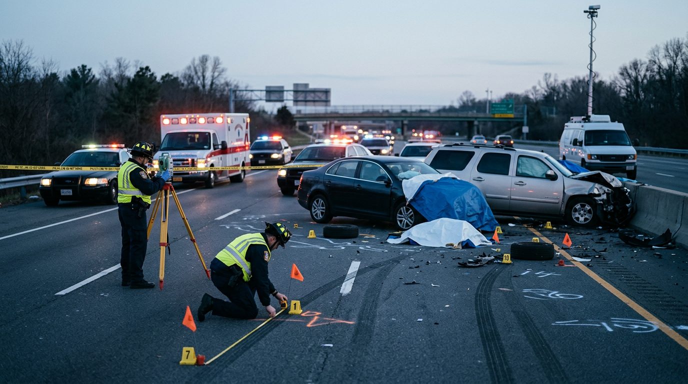 Emergency vehicles and accident reconstruction specialists investigating a fatal multi-vehicle highway collision at dawn.