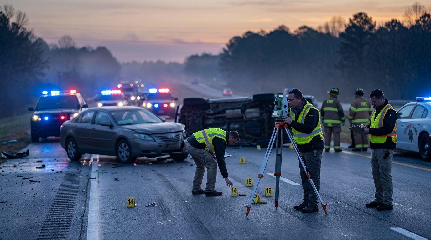 Emergency vehicles and accident reconstruction specialists investigating a fatal multi-vehicle highway collision at dawn.