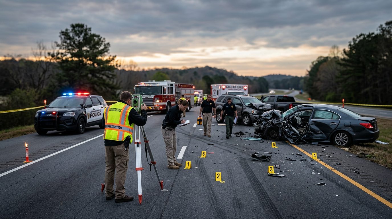 Emergency vehicles and accident reconstruction specialists investigating a fatal multi-vehicle highway collision at dawn.