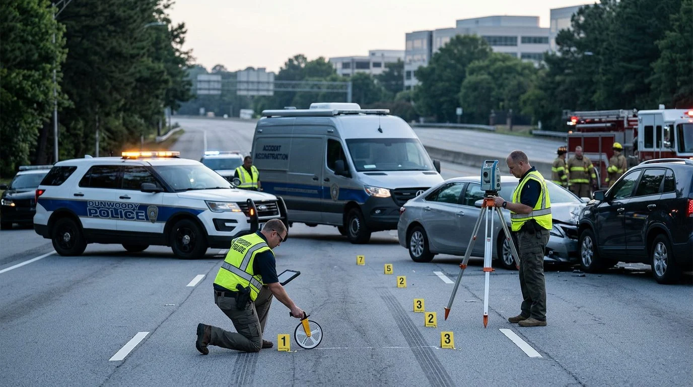 Emergency vehicles and accident reconstruction specialists investigating a fatal multi-vehicle collision on a highway at dawn.
