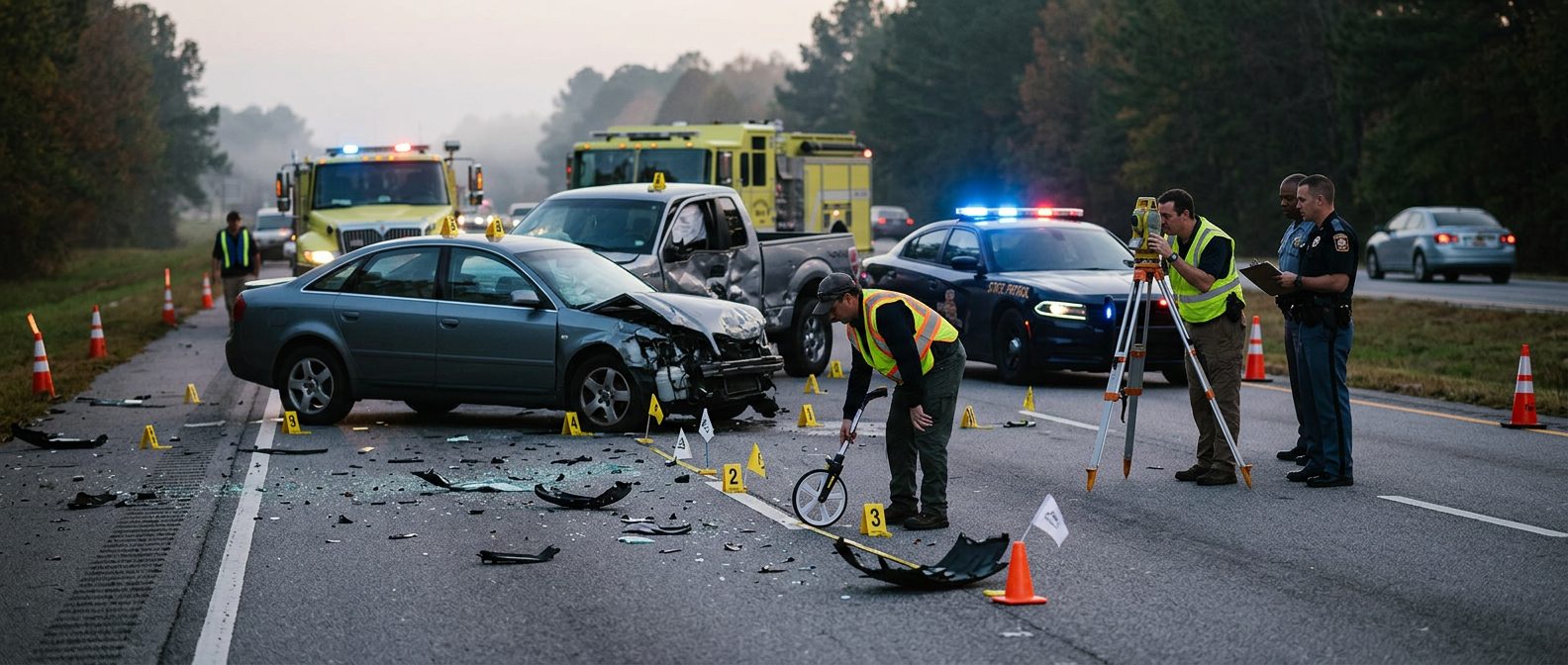 Emergency vehicles and accident reconstruction specialists investigating a fatal multi-vehicle highway collision at dawn.