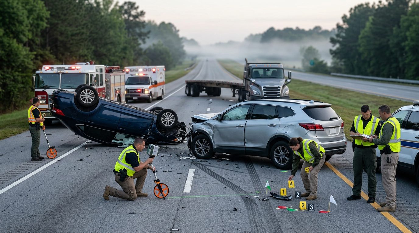 Emergency vehicles and accident reconstruction specialists investigate a fatal multi-vehicle highway collision at dawn.