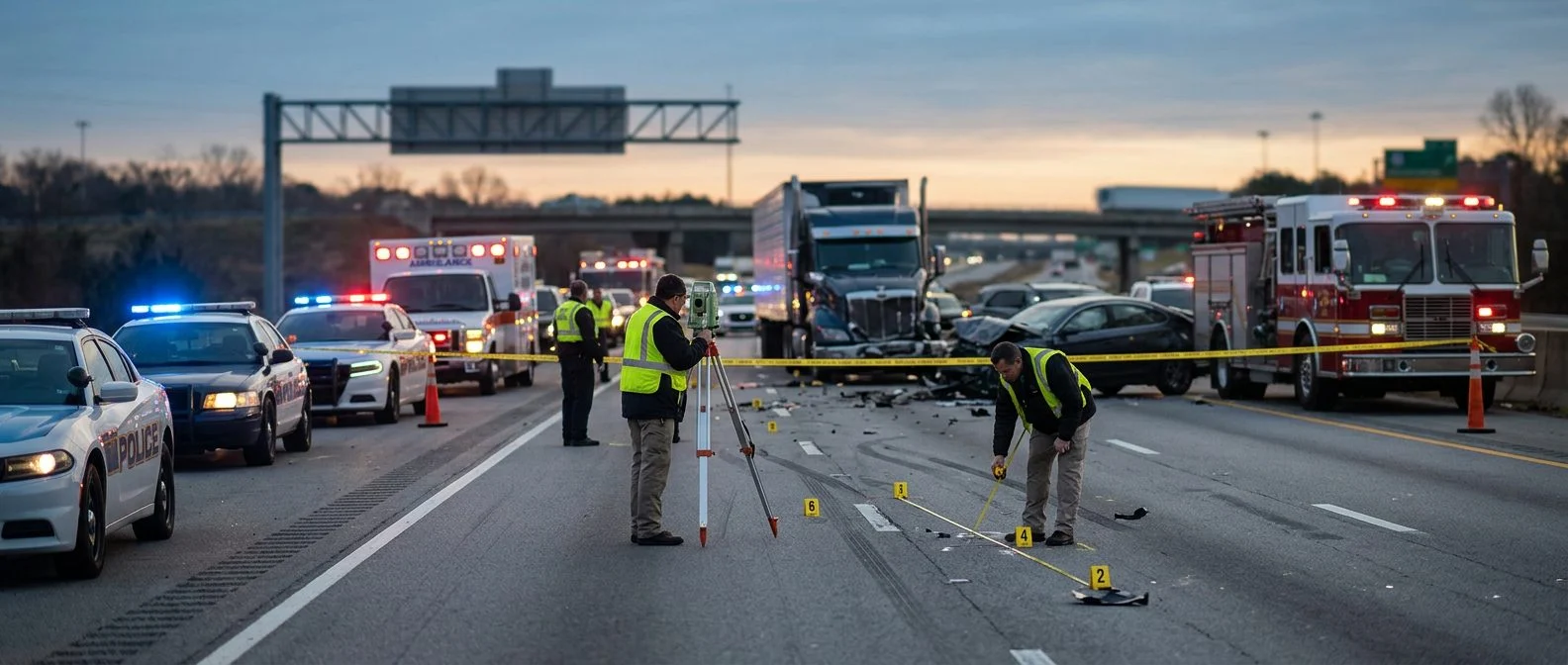 Emergency vehicles and accident reconstruction specialists investigating a fatal multi-vehicle highway collision at dawn.