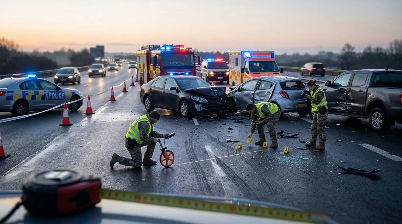 Emergency vehicles and accident reconstruction specialists investigating a fatal multi-vehicle highway collision at dawn.