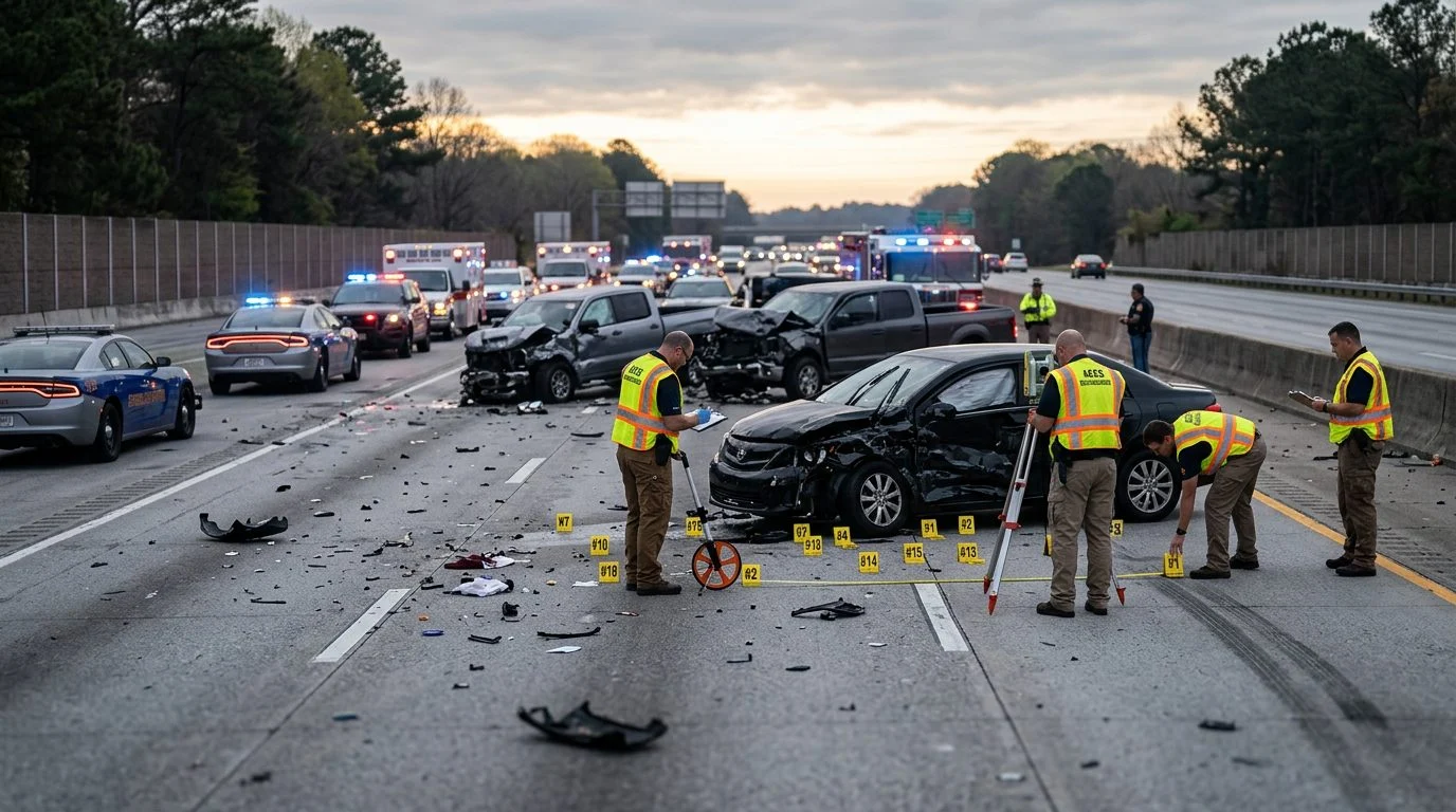 Emergency vehicles and accident reconstruction specialists investigating a fatal multi-vehicle collision on a highway at dawn.