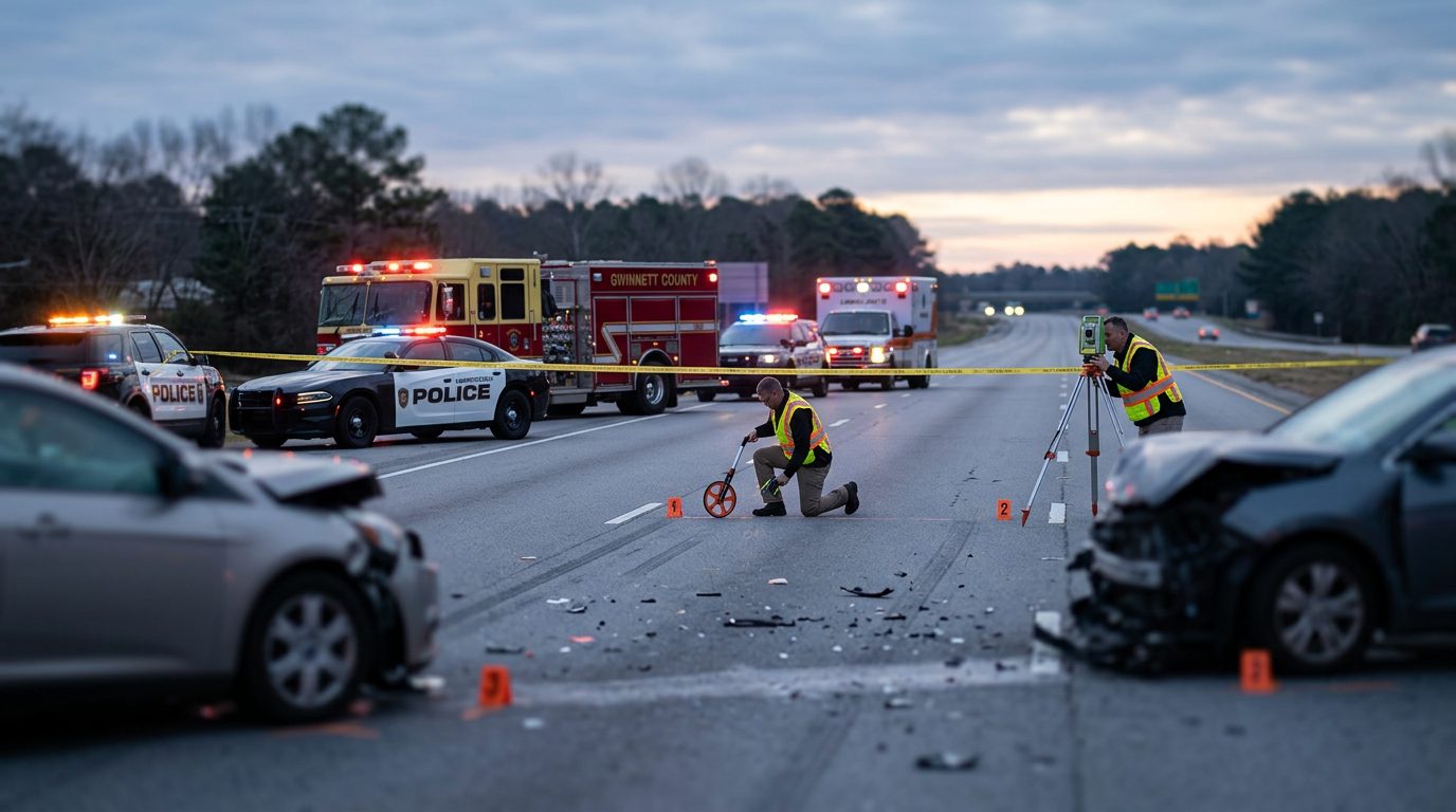 Emergency vehicles and accident reconstruction specialists investigating a fatal multi-vehicle highway collision at dawn.