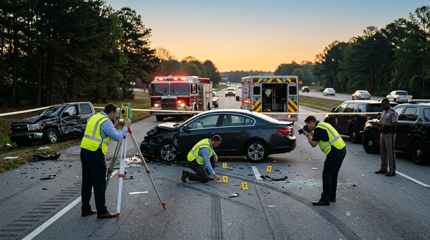 Emergency vehicles and accident reconstruction specialists investigating a fatal multi-vehicle highway collision at dawn.