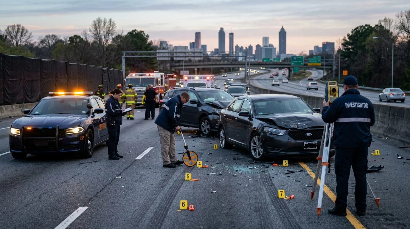 Emergency vehicles and accident reconstruction specialists investigating a fatal multi-vehicle highway collision at dawn.