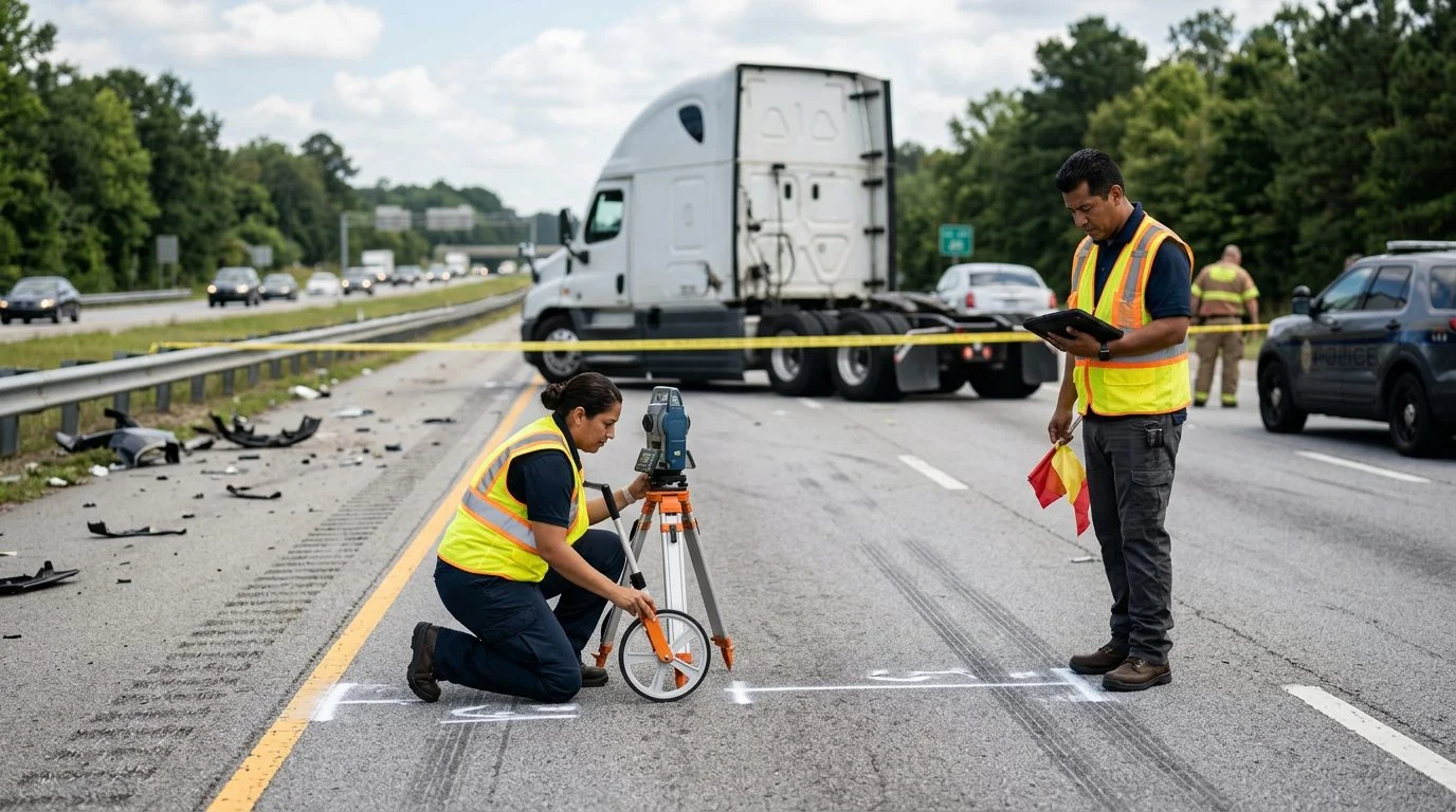 Escena de accidente de camión comercial en autopista con escombros, marcas de frenado y especialistas documentando la colisión.