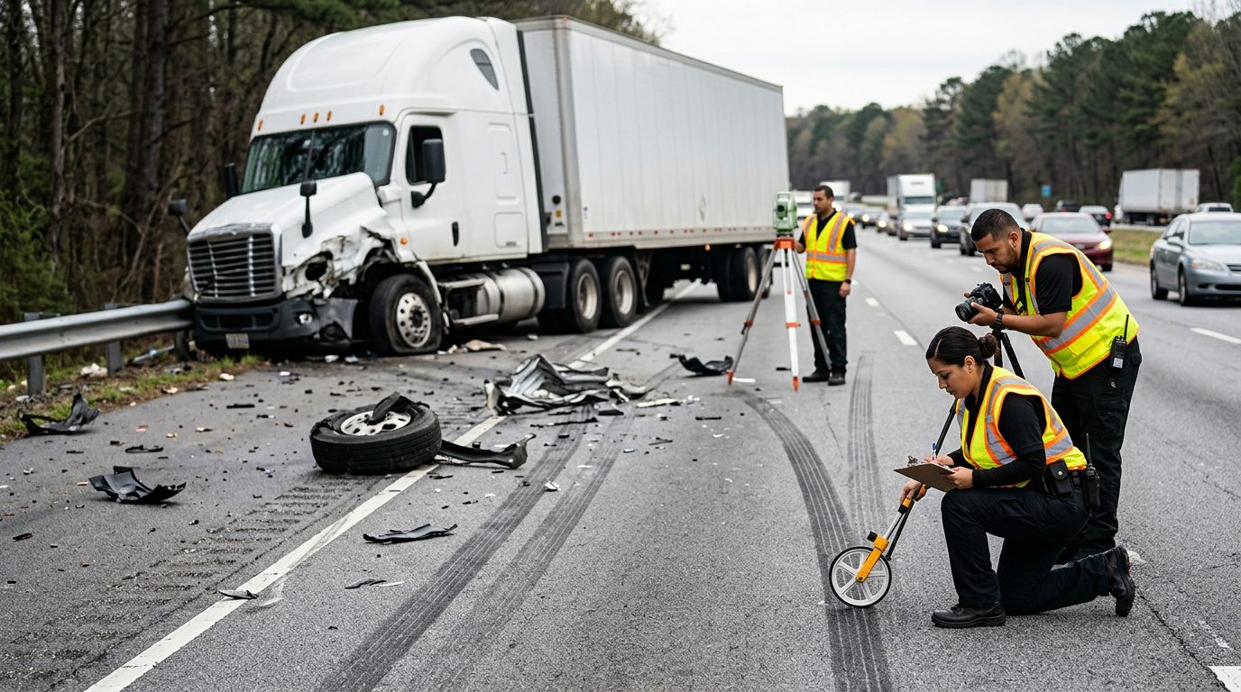 Escena de accidente de camión comercial en carretera con escombros, marcas de frenado y especialistas documentando el siniestro.
