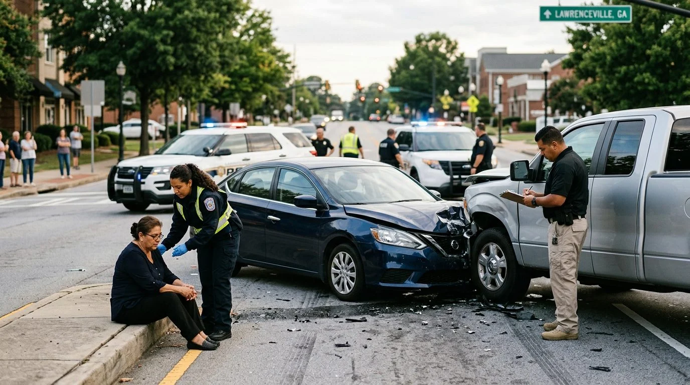 Escena de accidente de tráfico con vehículos dañados, ambulancias e investigadores en Lawrenceville.