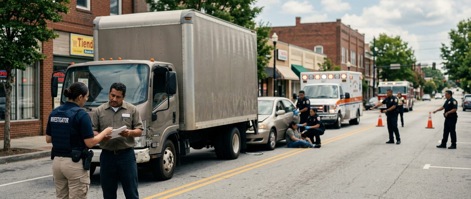 Escena de accidente de tráfico con vehículos dañados, ambulancias e investigadores en Lawrenceville.