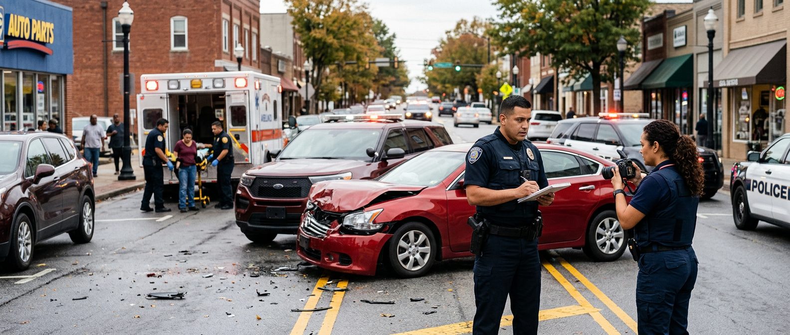 Escena de accidente de tráfico con vehículos dañados, ambulancia y investigadores en Lawrenceville.