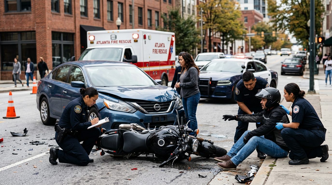 Escena de accidente de tráfico en calle con vehículos dañados, ambulancias e investigadores documentando el incidente.