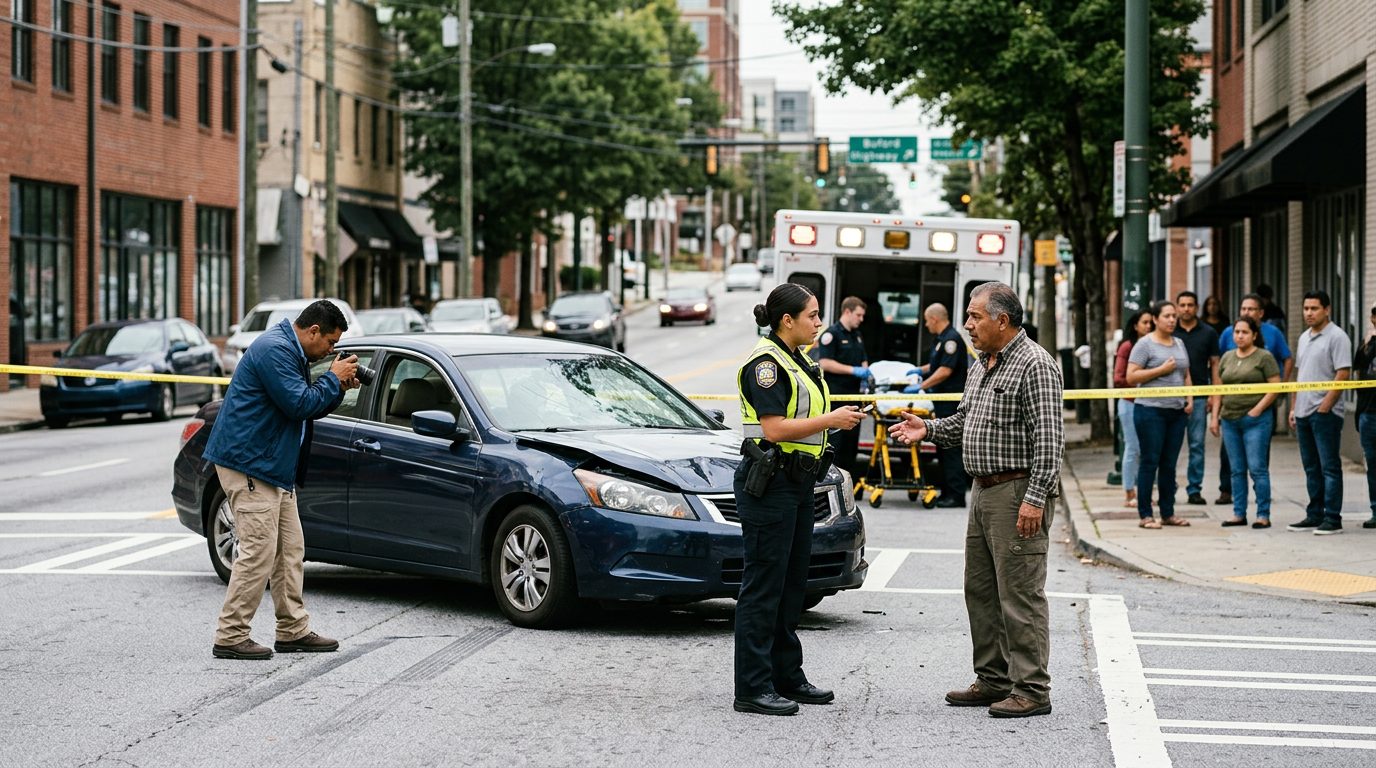 Escena de accidente de tráfico en calle con vehículos dañados, ambulancias e investigadores documentando el incidente.