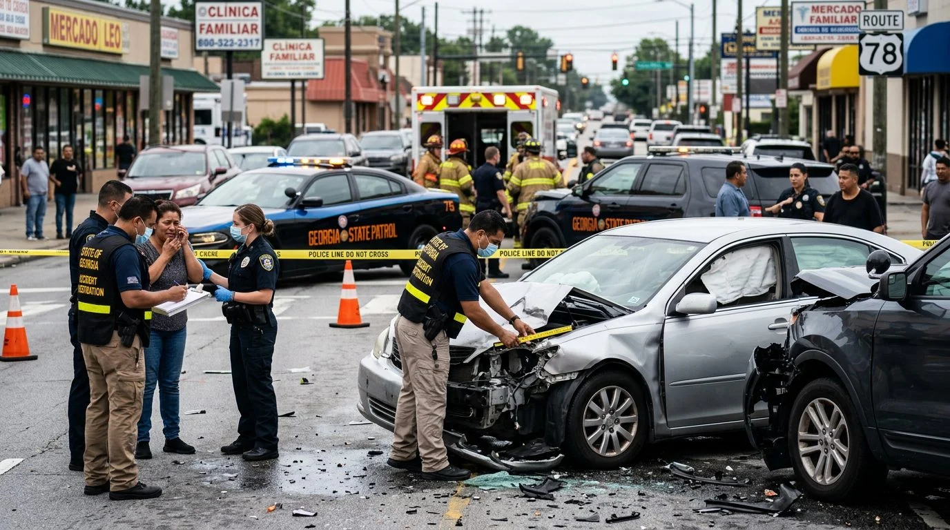 Escena de accidente de tráfico en calle urbana con vehículos dañados, ambulancias e investigadores.