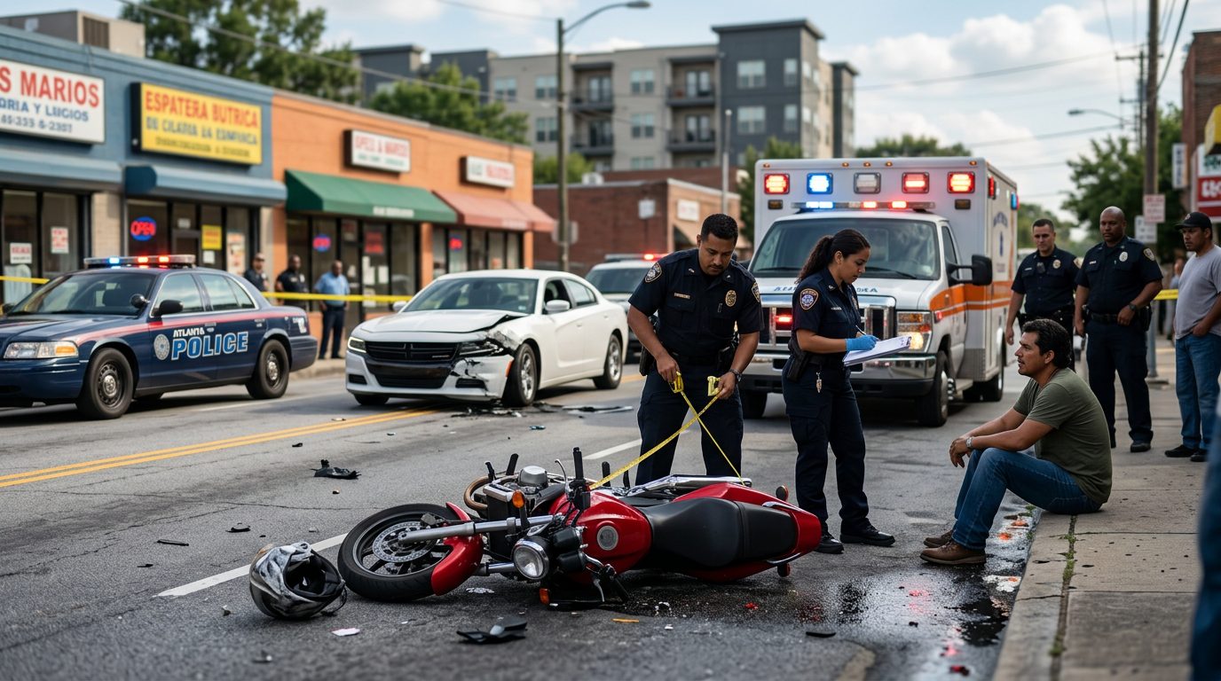 Escena de accidente de tráfico en calle urbana con vehículos dañados y personal de emergencia investigando.