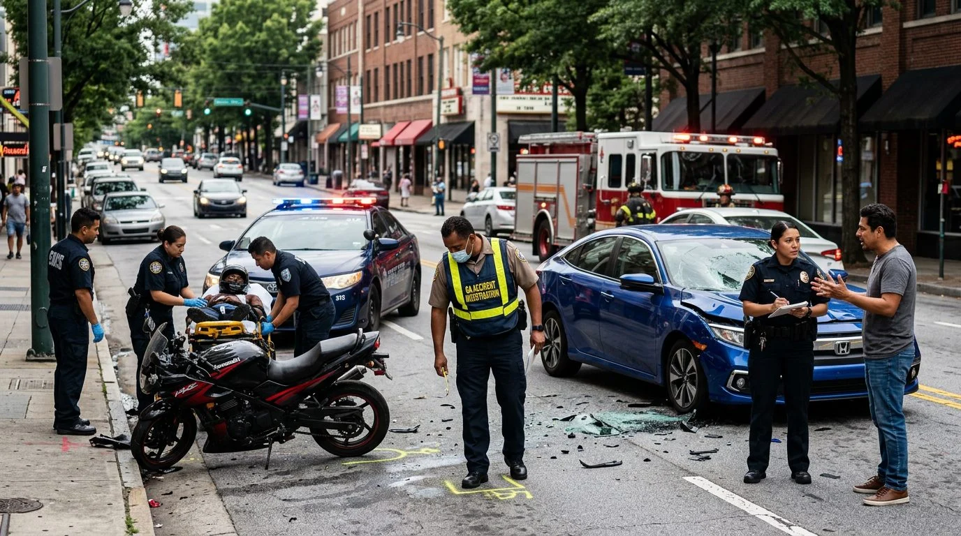 Escena de accidente de tráfico en calle urbana con vehículos dañados, ambulancias e investigadores documentando el incidente.